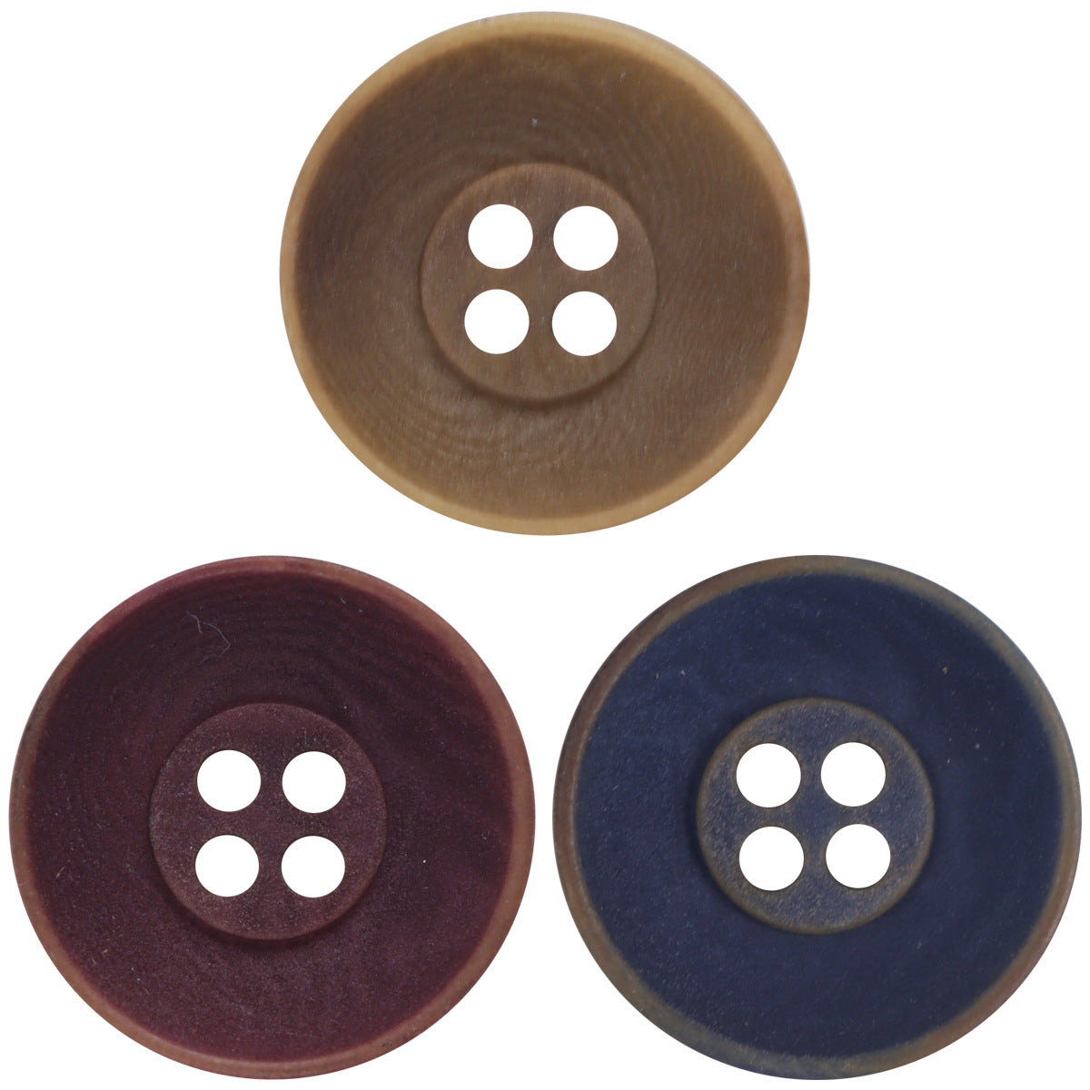 Bowl-shaped buttons: dark blue, maroon, and ginger-brown with 4 holes each