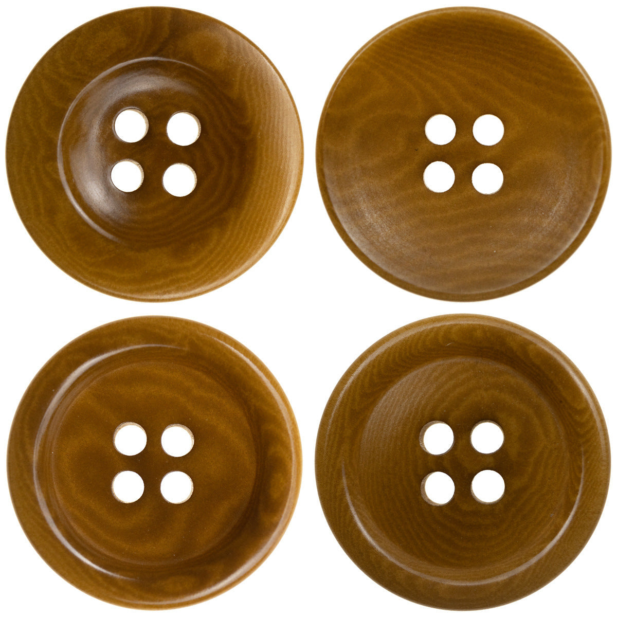 Khaki yellow 4-hole cardigan button, 15–20mm, smooth edge with subtle sheen