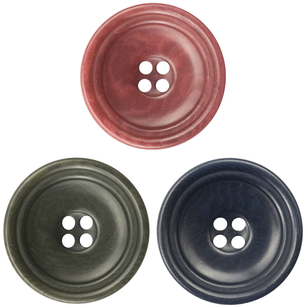 Sustainable palm fruit trouser buttons, 4-hole round set in rose red, army green, dark blue