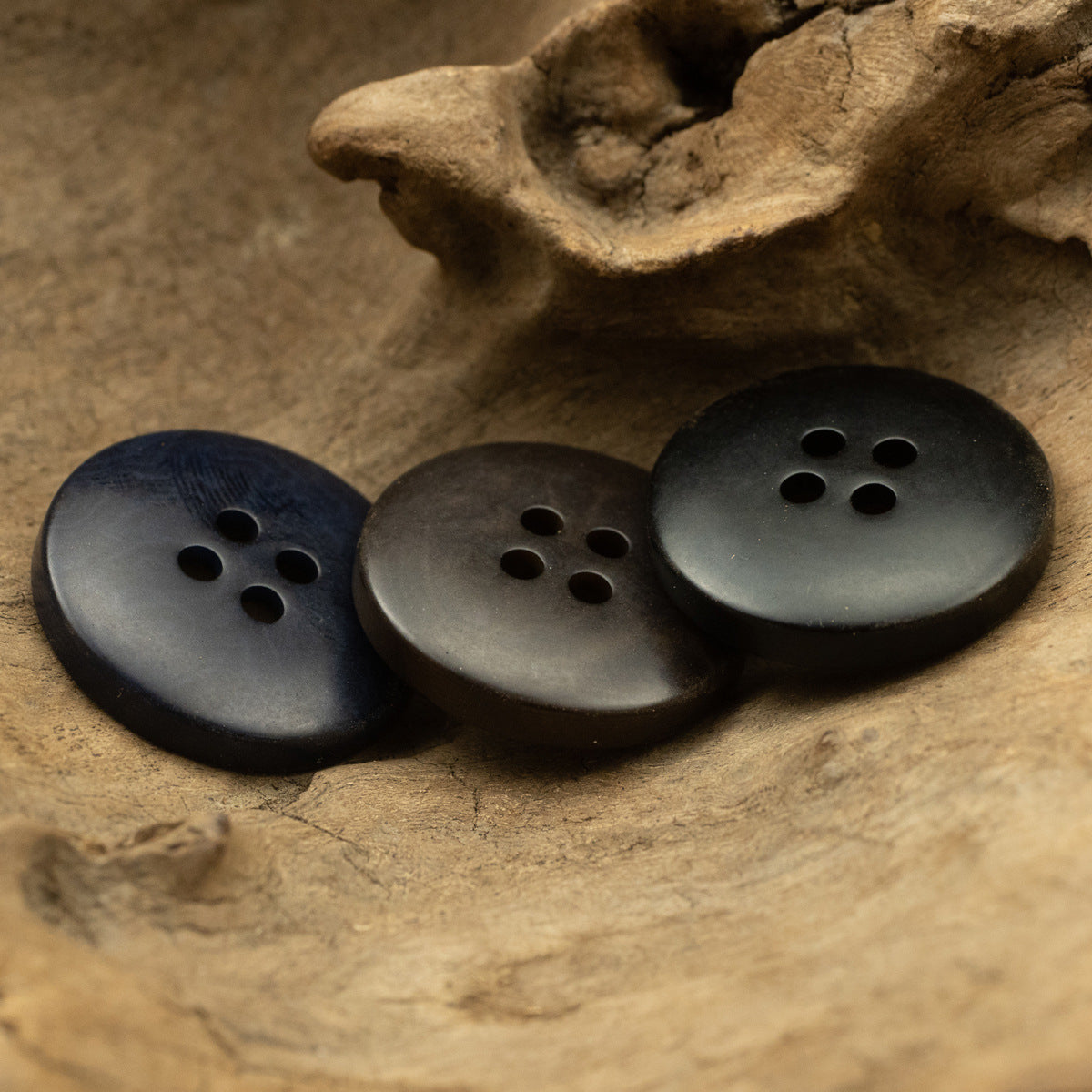 Set of 4-hole nut buttons in dark blue, coffee and black