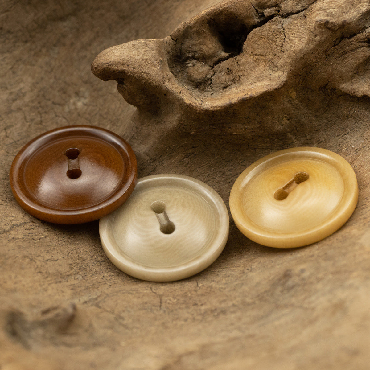 Three round corozo buttons with two holes: dark brown, cream, light yellow