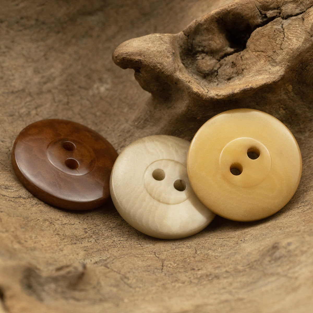 Assorted round two-hole corozo buttons: dark brown, natural cream, yellow—10 pcs