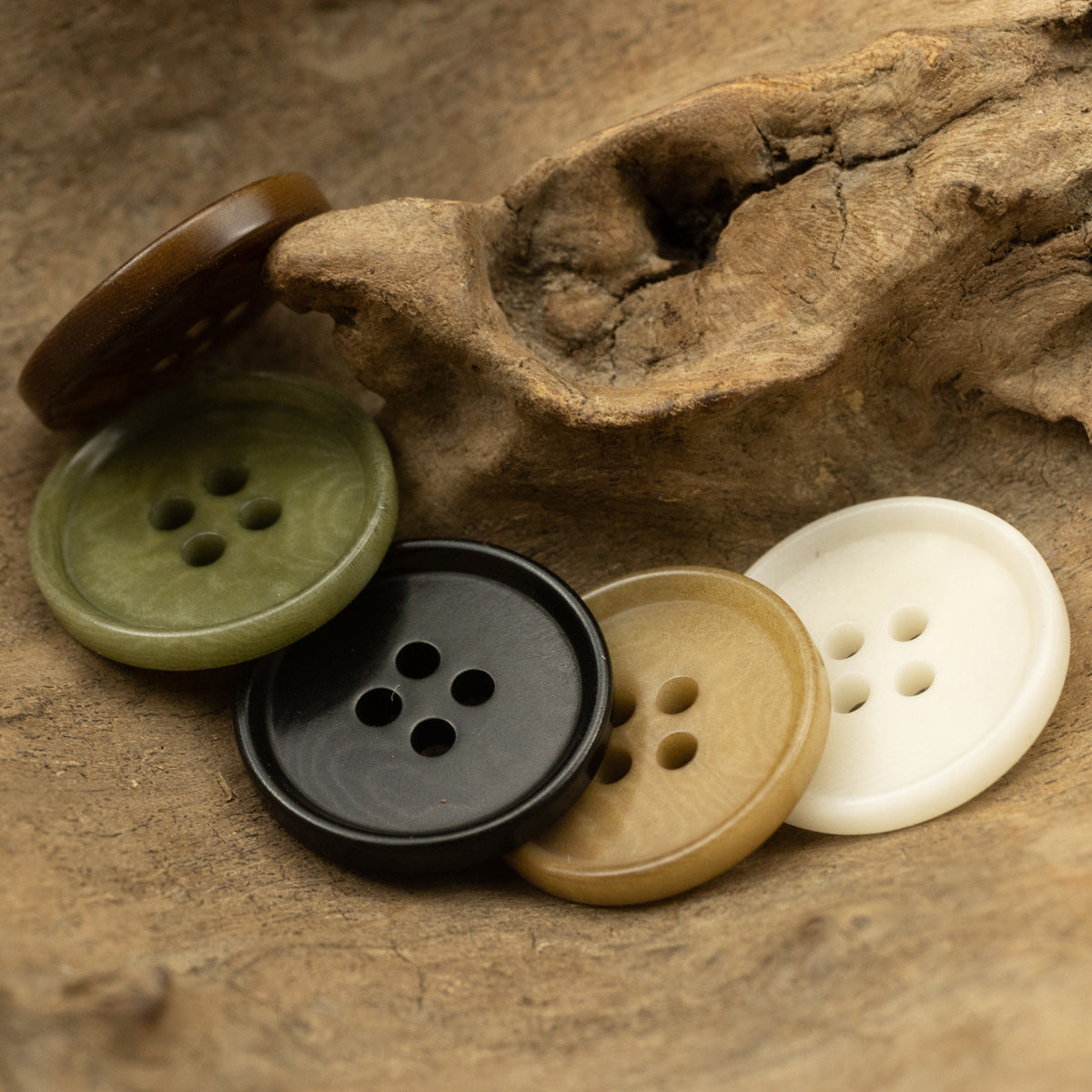 Round 4-hole buttons, mixed colors: green, dark gray, tan, black, cream