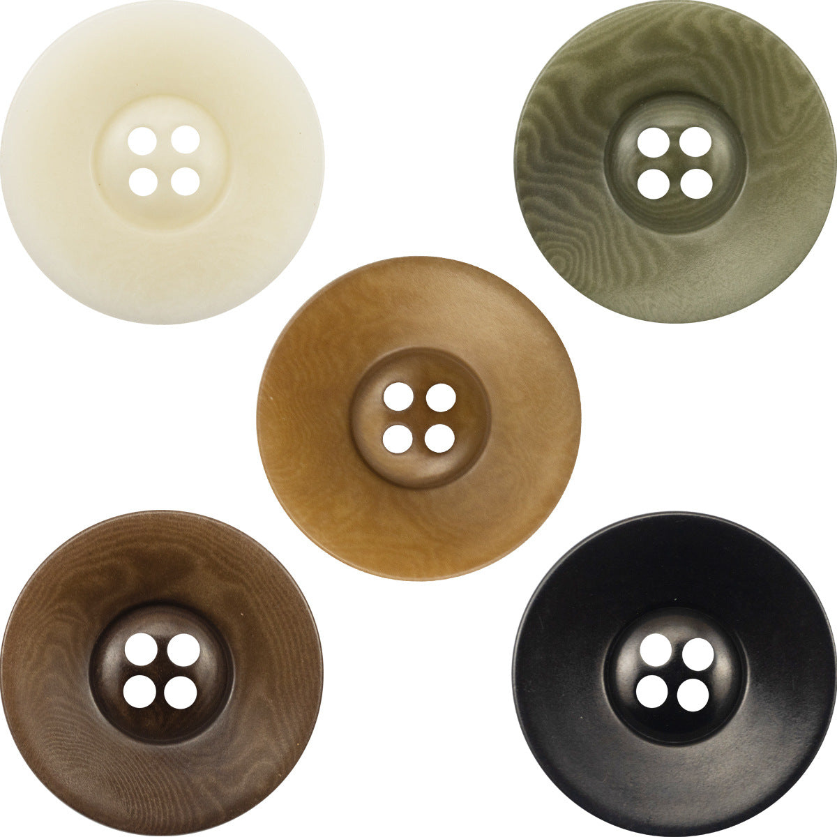 Vintage wide-edged fruit buttons set: cream, olive green, tan, dark brown, black (10 pcs)