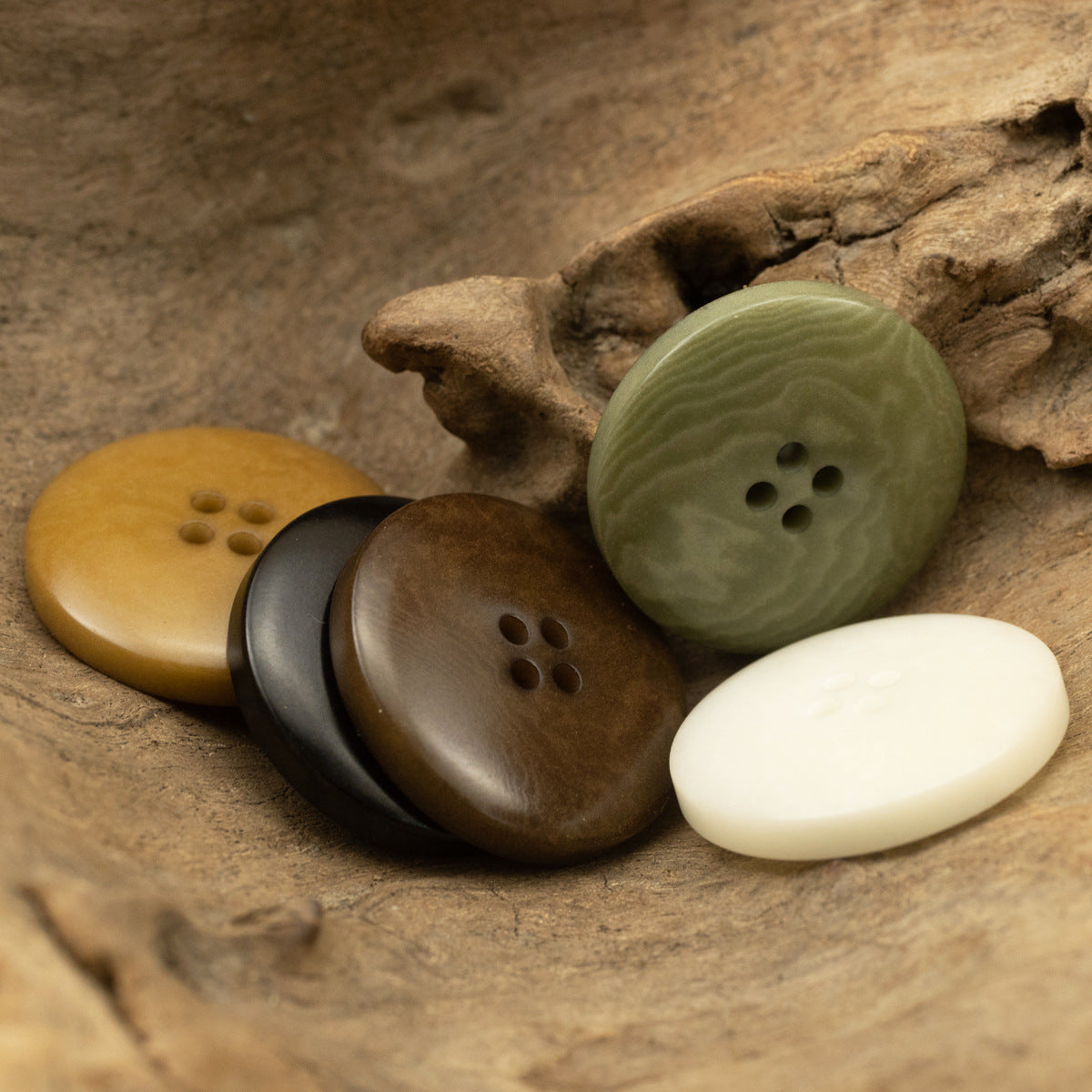 Assorted vintage wide-edged fruit buttons: olive green, white, brown, dark, mustard yellow