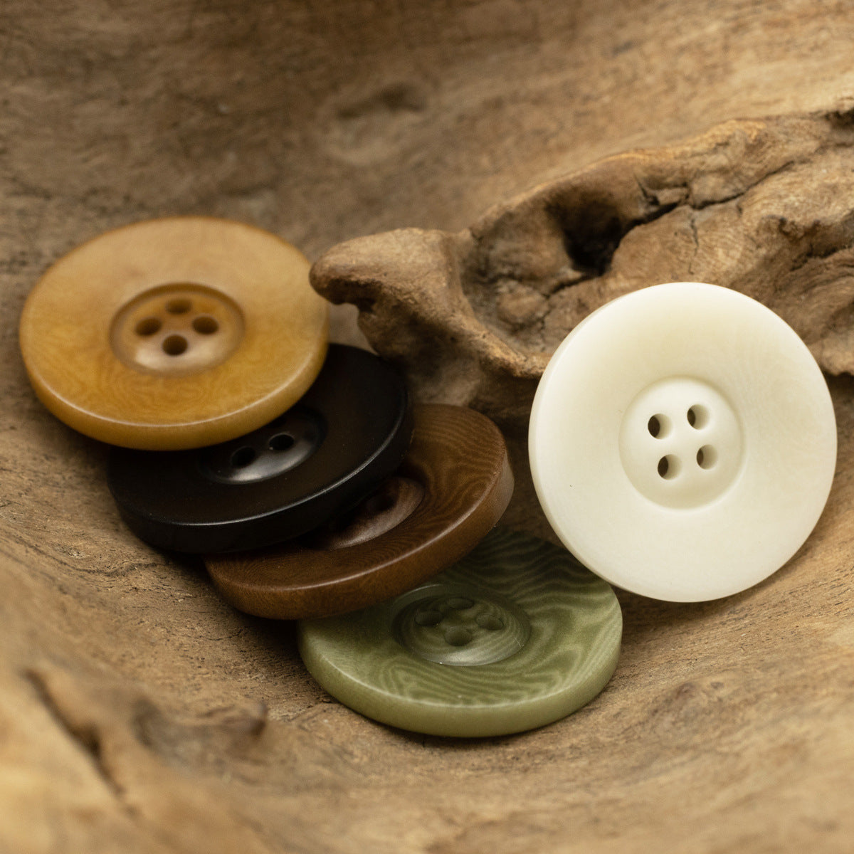 Assorted vintage wide-edged fruit buttons with 4 holes in white, olive green, dark, tan