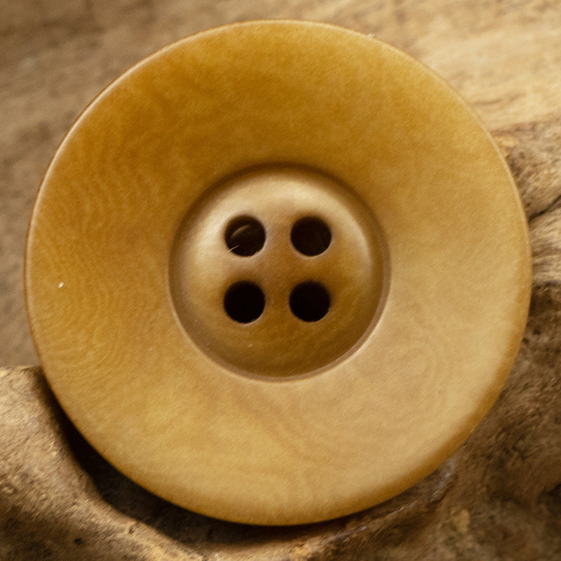 Vintage wide-edged fruit button, tan/gold with four holes, round 10 pcs