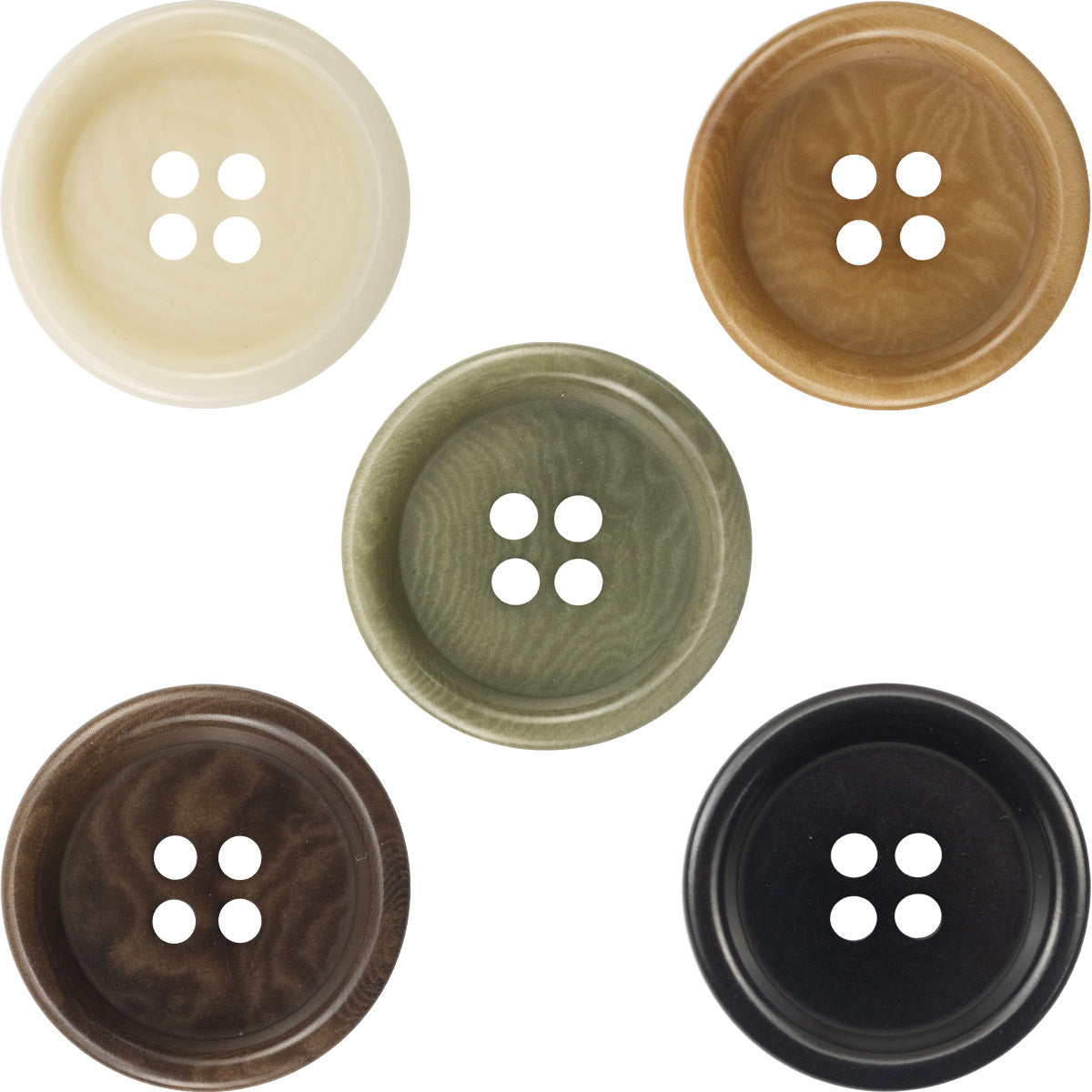 Vintage nut buttons: cream, green, brown, dark brown, black, 4-hole, thick edge