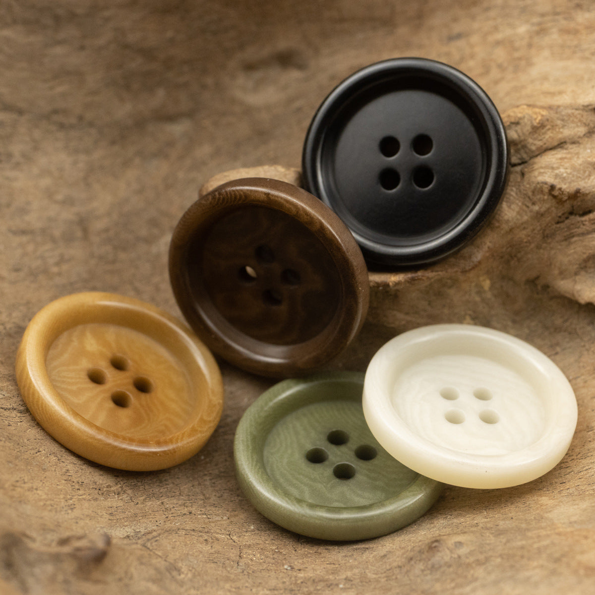 Vintage nut buttons set: black, dark brown, tan, olive green, off-white, 4-hole, thick edge