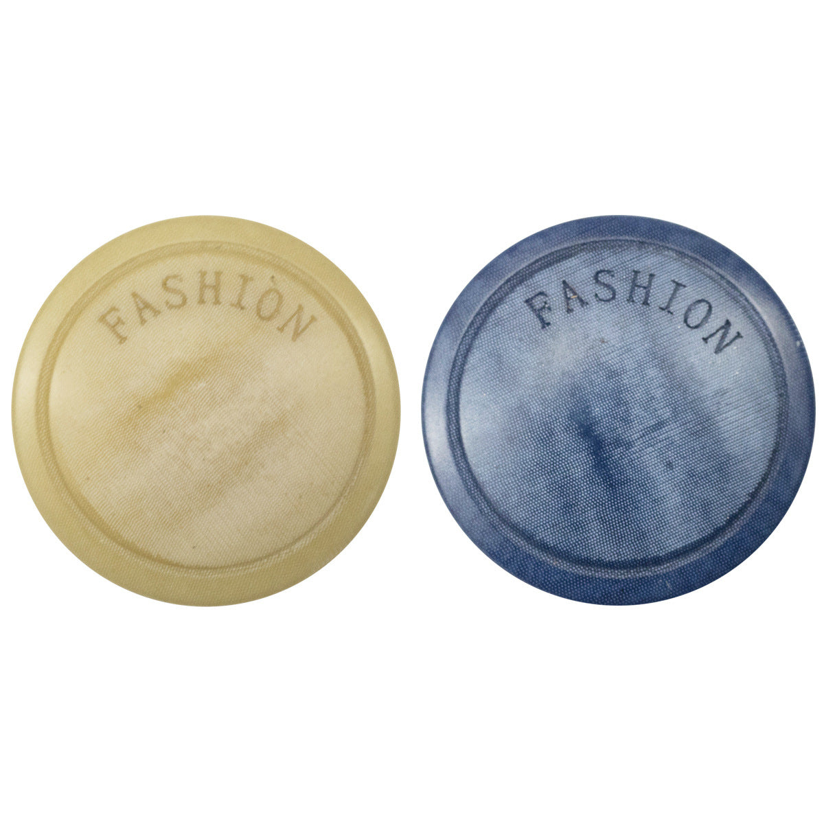 Klein Blue jacket button, round with 'FASHION' back text and embossed rim