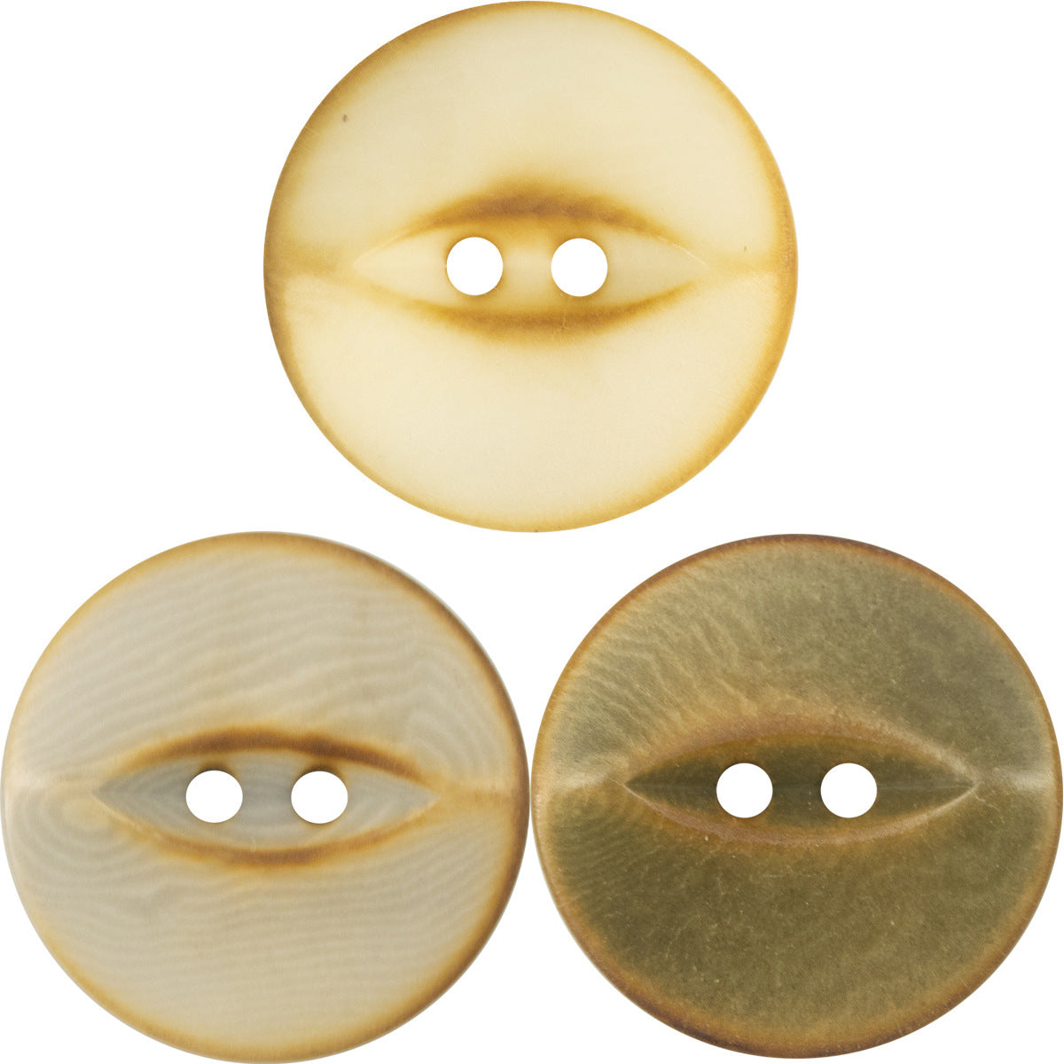 Vintage fish-eye nut buttons set of 10, beige and olive-green tones, 2-hole front view