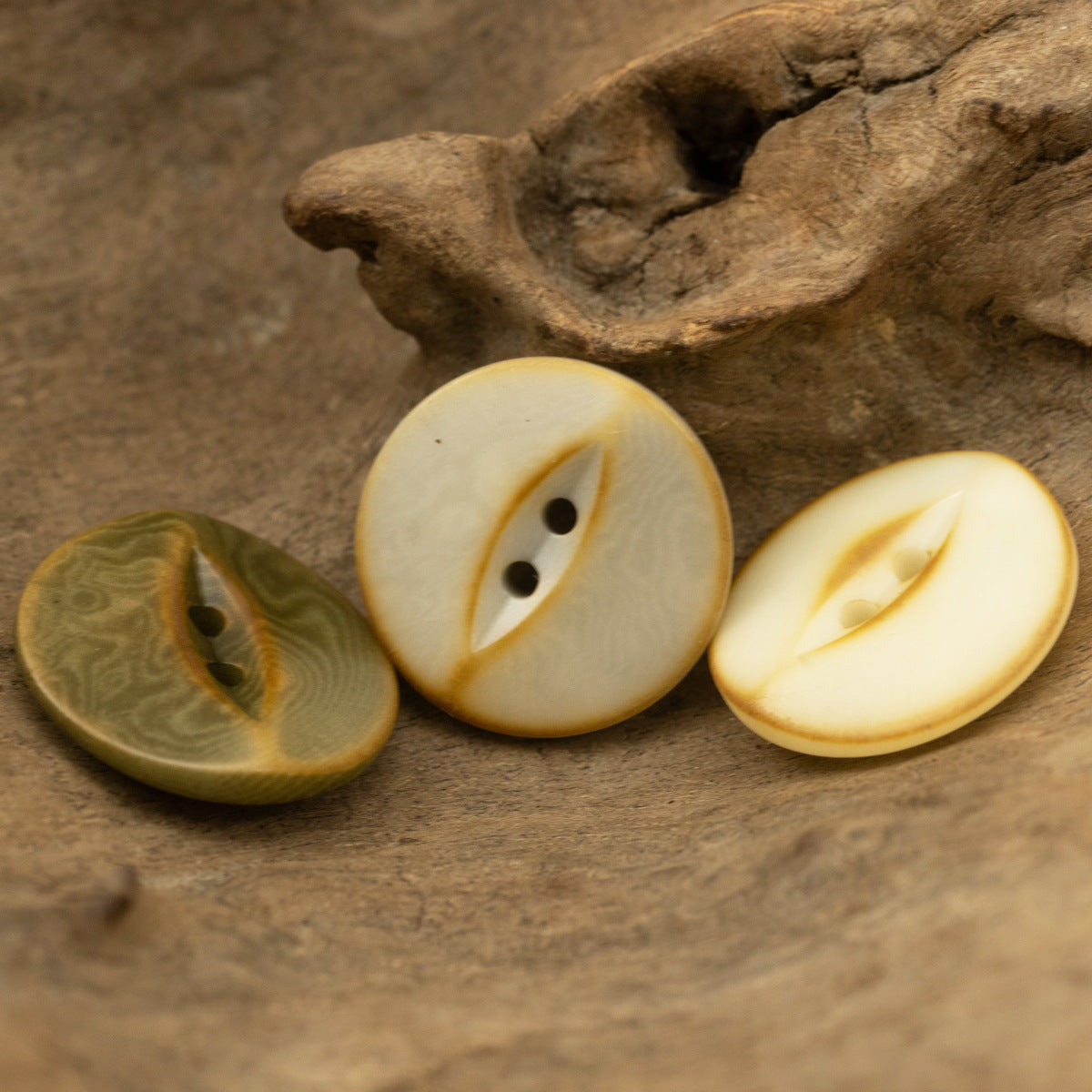 Assorted 2-hole nut buttons: olive green, cream beige, and light gray-beige close-up
