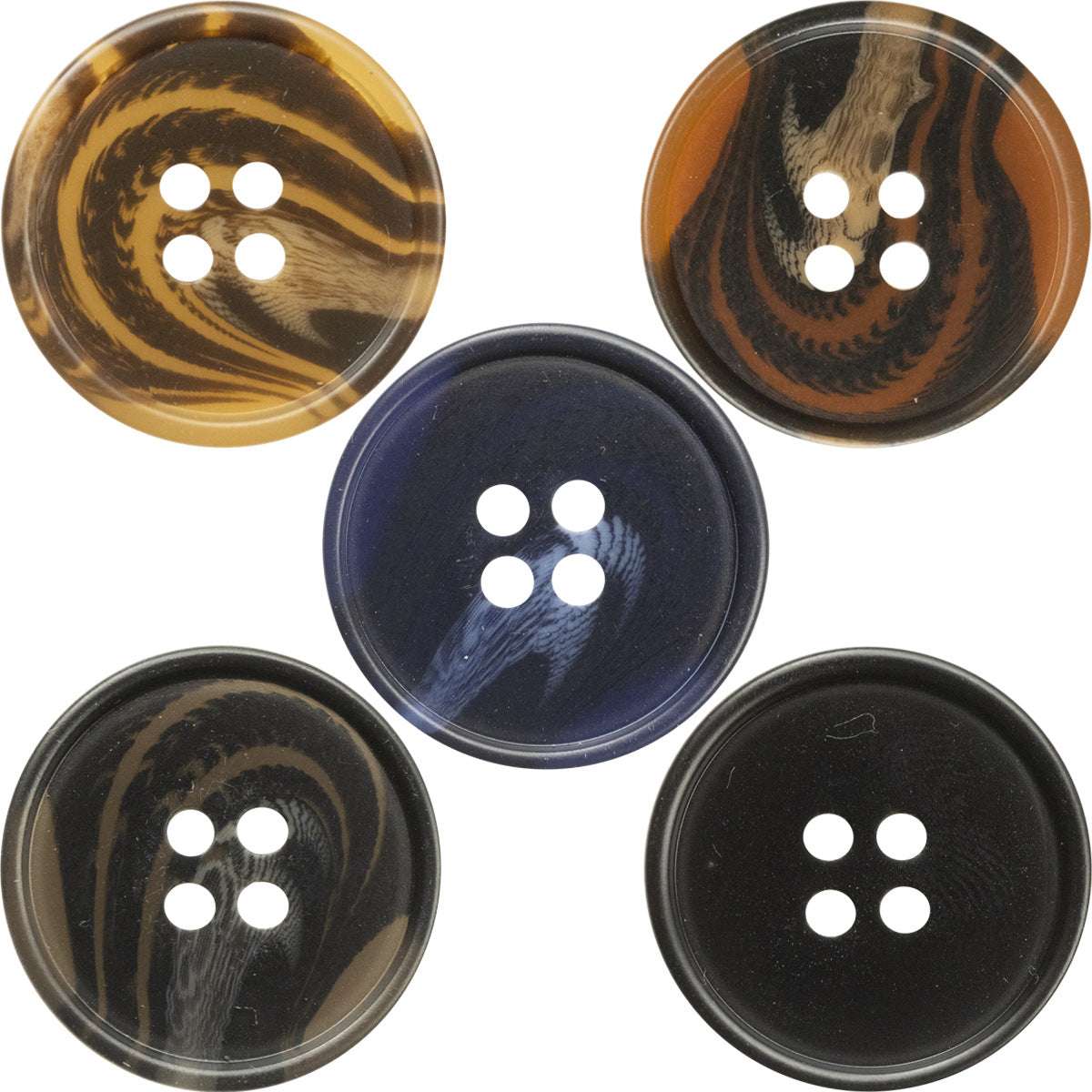 Round resin coat buttons with dark tiger stripe pattern, 4 holes, assorted colors