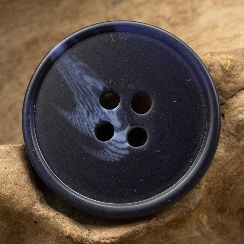 Round resin button, deep blue tiger stripe finish, 4 holes