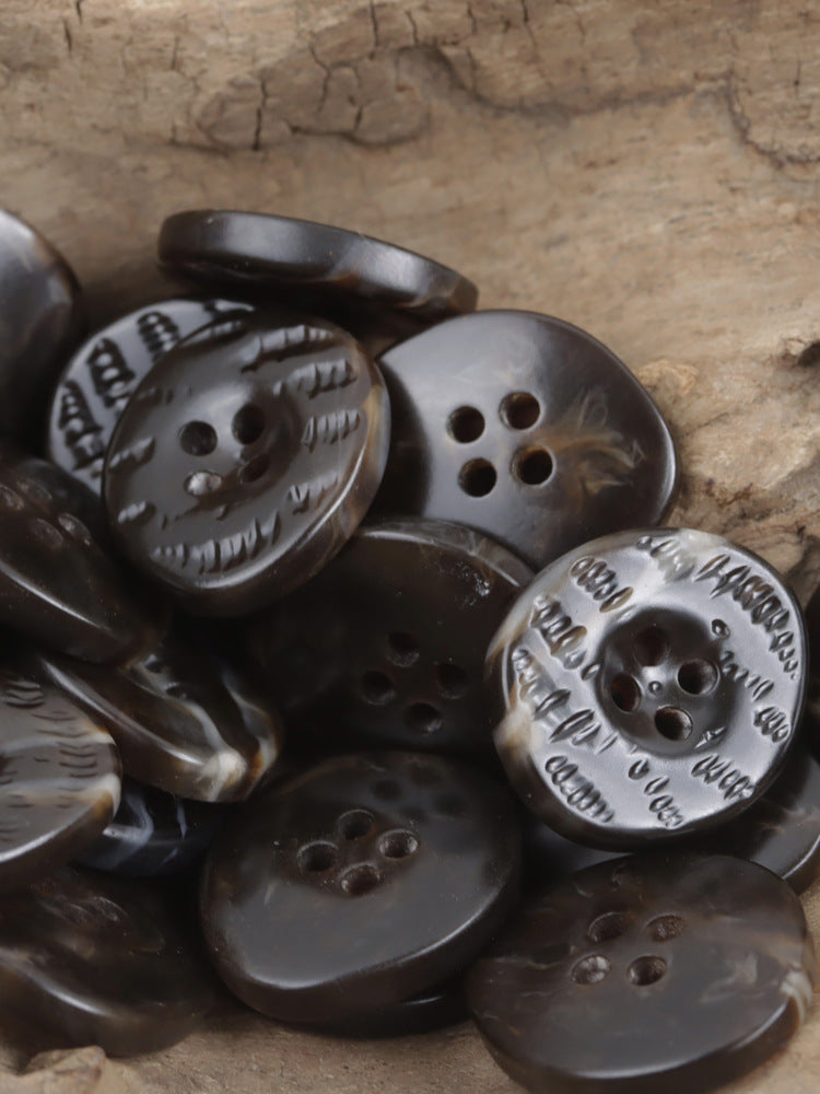 Dark brown resin buttons, uneven surface, 4-hole, embossed texture