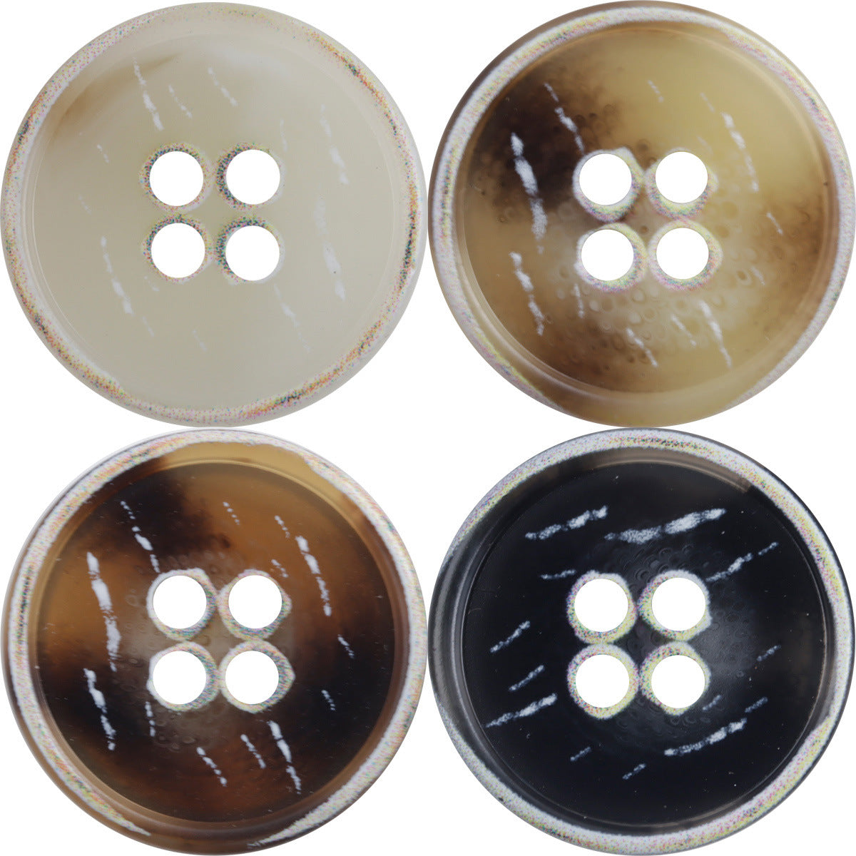 Four-hole resin buttons, 15–28 mm, glossy burnt khaki and dark tones set