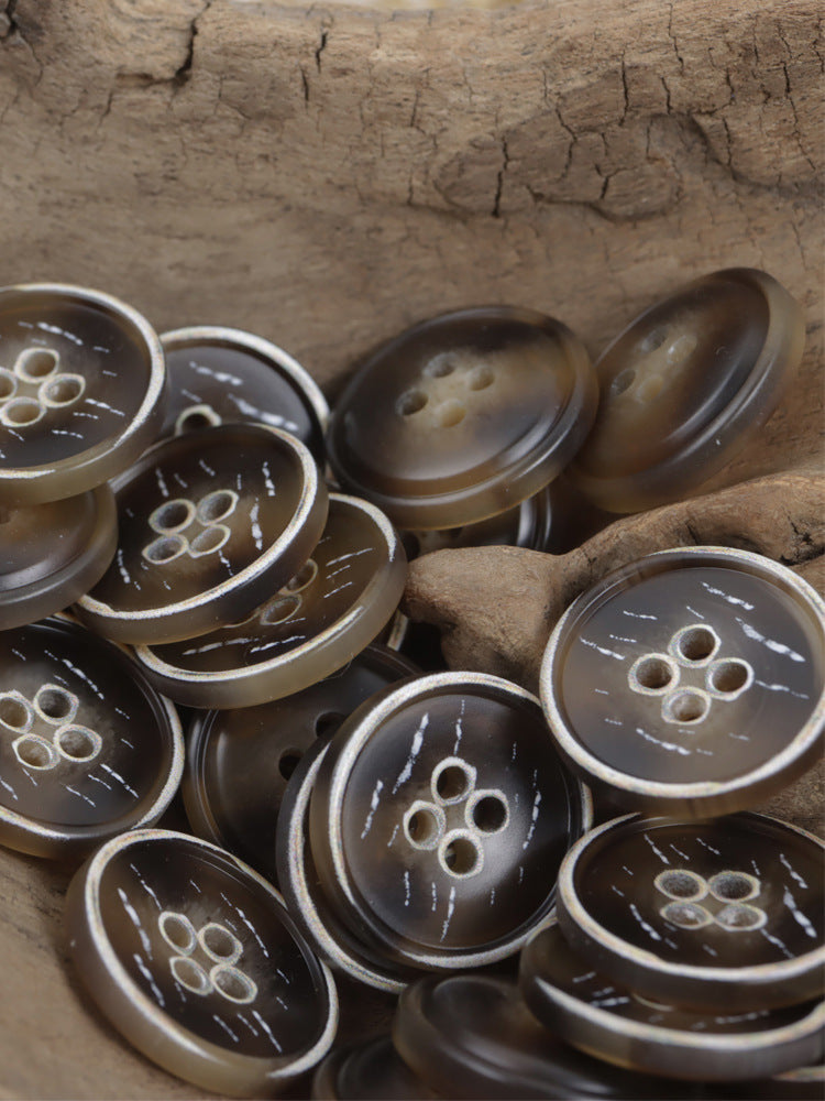 Brown resin four-hole buttons, glossy, assorted set of multiple buttons