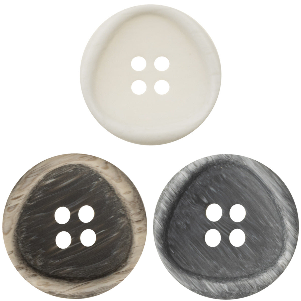 Irreguläre Resin-Knöpfe, weiß, Holzmaserung-Optik, 4 Löcher (20er Pack)