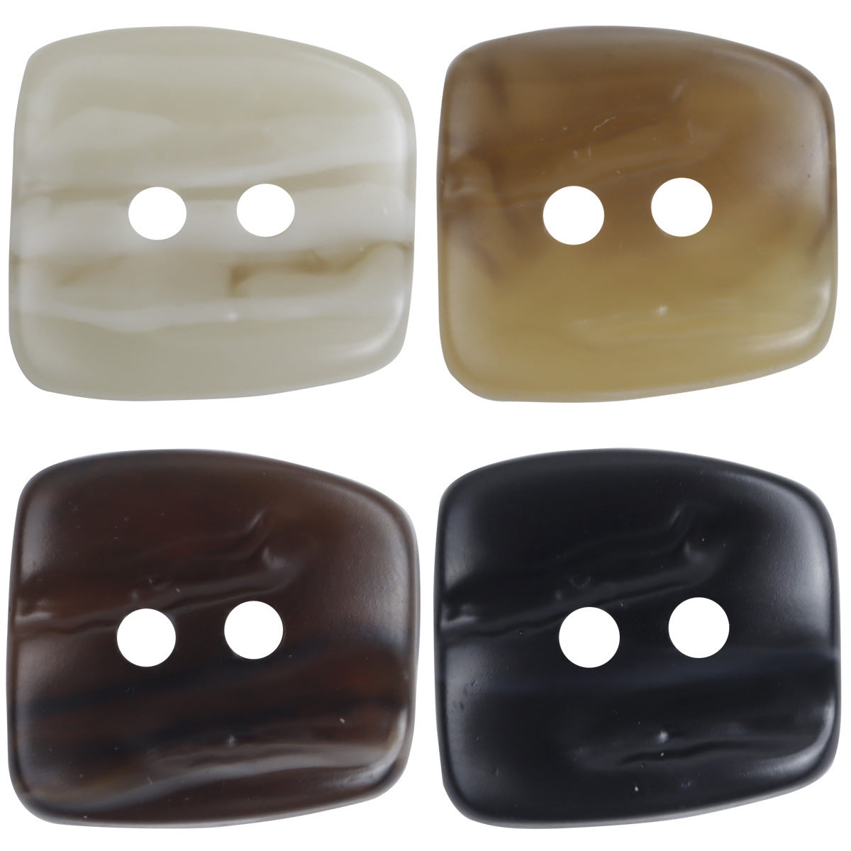 Trapezoidal 2-hole resin buttons with uneven surface; beige, brown, dark brown, black