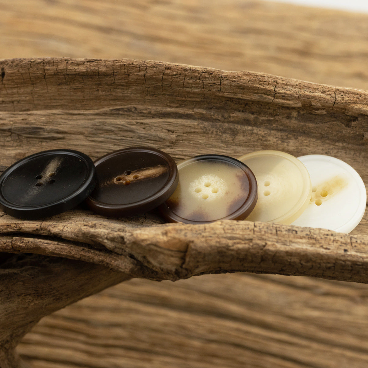 Assorted round resin coat buttons with imitation horn look, black to cream colors