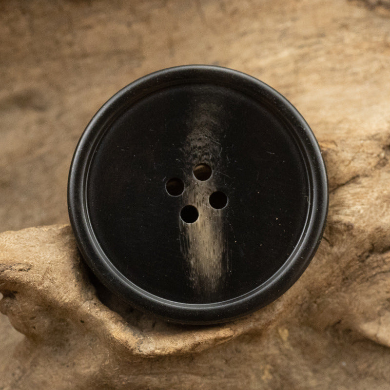 Black brown round resin coat button with imitation horn texture and 4 holes