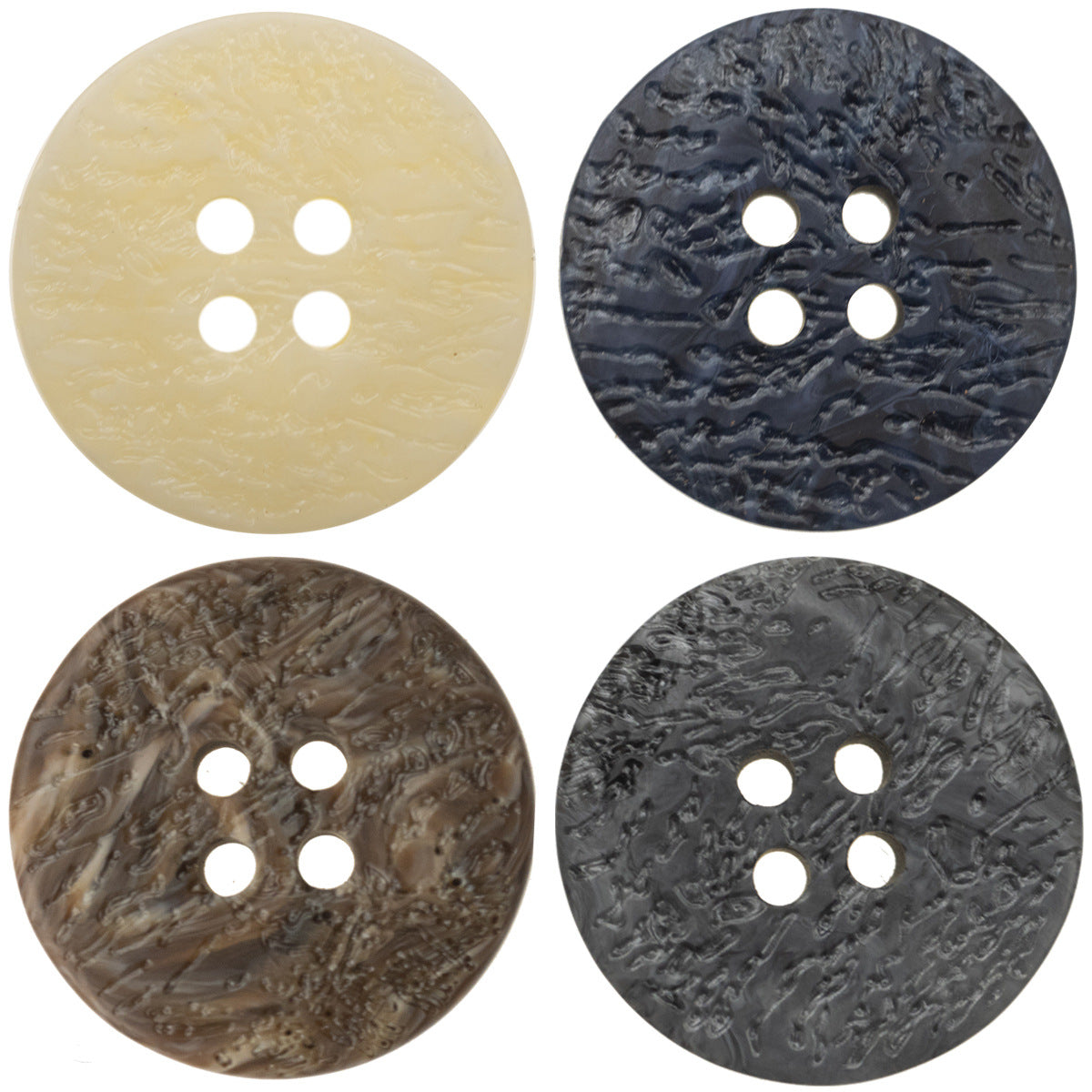 Flat resin coat buttons with irregular texture, round 4-hole design in mixed colors
