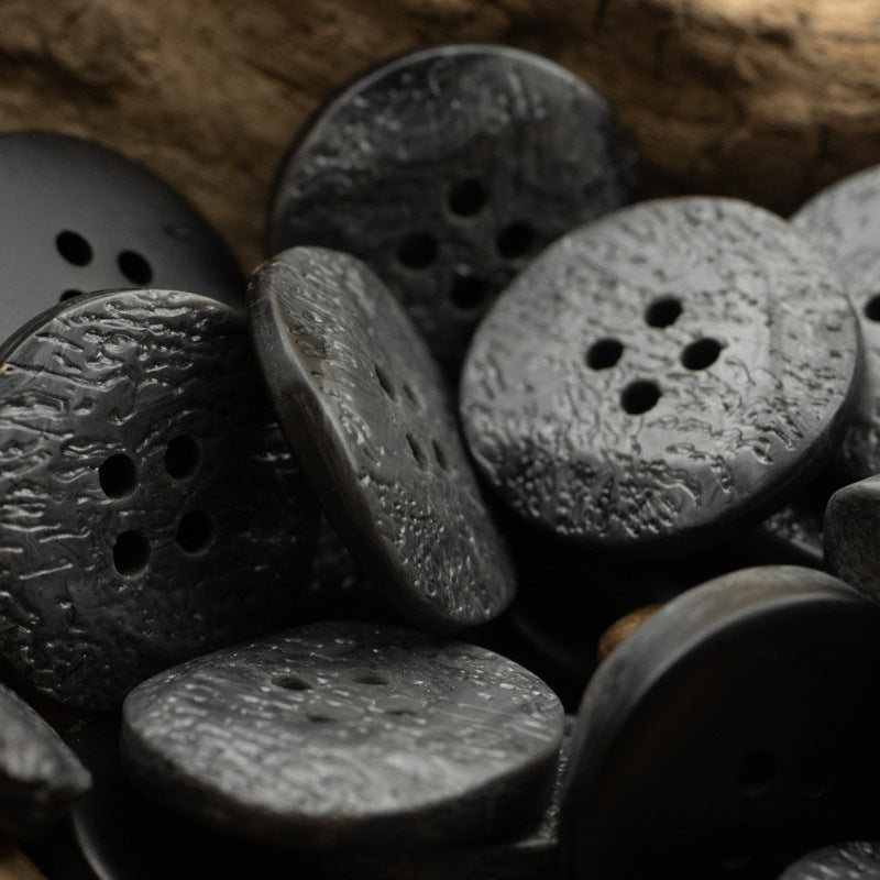 Irregular-texture flat resin coat buttons, round 4-hole set in dark gray and black