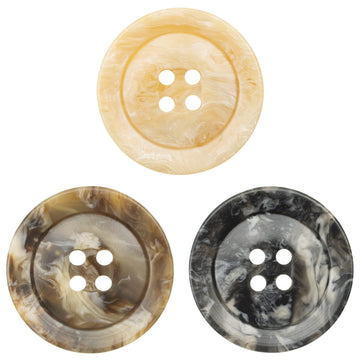Milky coffee-colored marbled resin button, wide rim, four holes, round front view