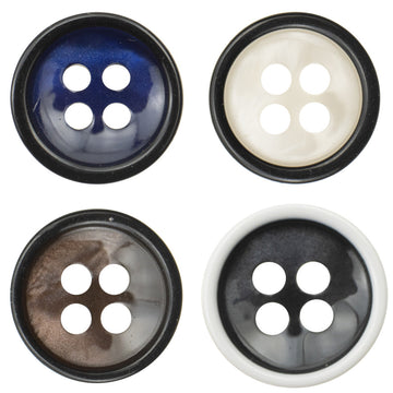 4-hole resin shirt buttons: dark blue, black, and white with black edging (set view)