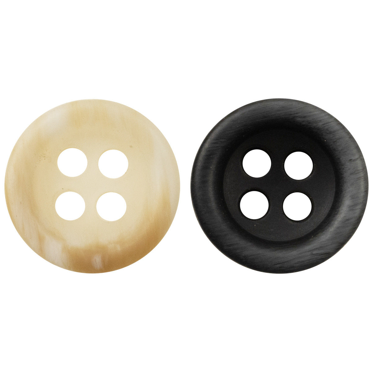 Wood grain resin buttons, light yellow and black, 4-hole round (10mm/11.5mm)