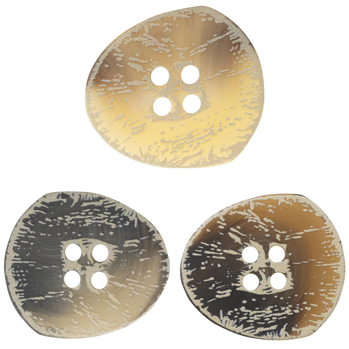 Irregular gold resin button with distressed frosted floral pattern and four holes