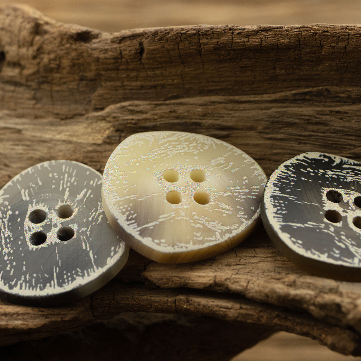Resin button set: cream center and dark gray sides, four-hole distressed floral