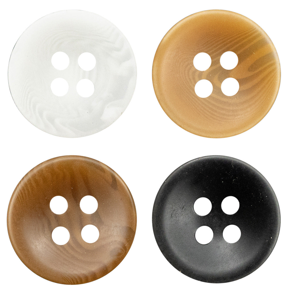 Matte resin bowl buttons, 4-hole set: white, black, light khaki, deep khaki