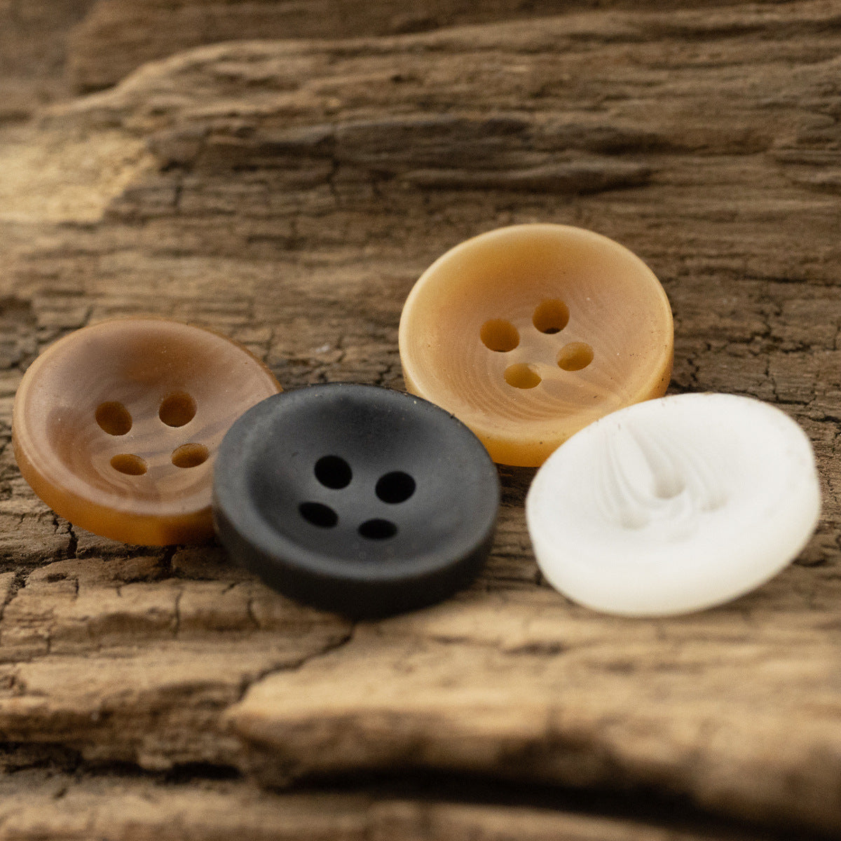 Matte resin buttons in tan, black, white, beige—4-hole bowl shape