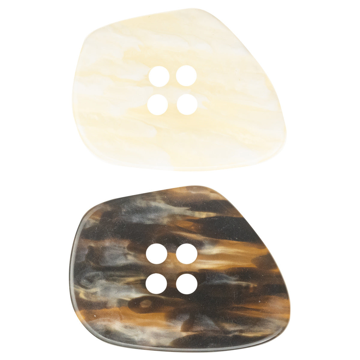 Beige marble-look resin coat buttons, glossy polygon shape, 4 holes