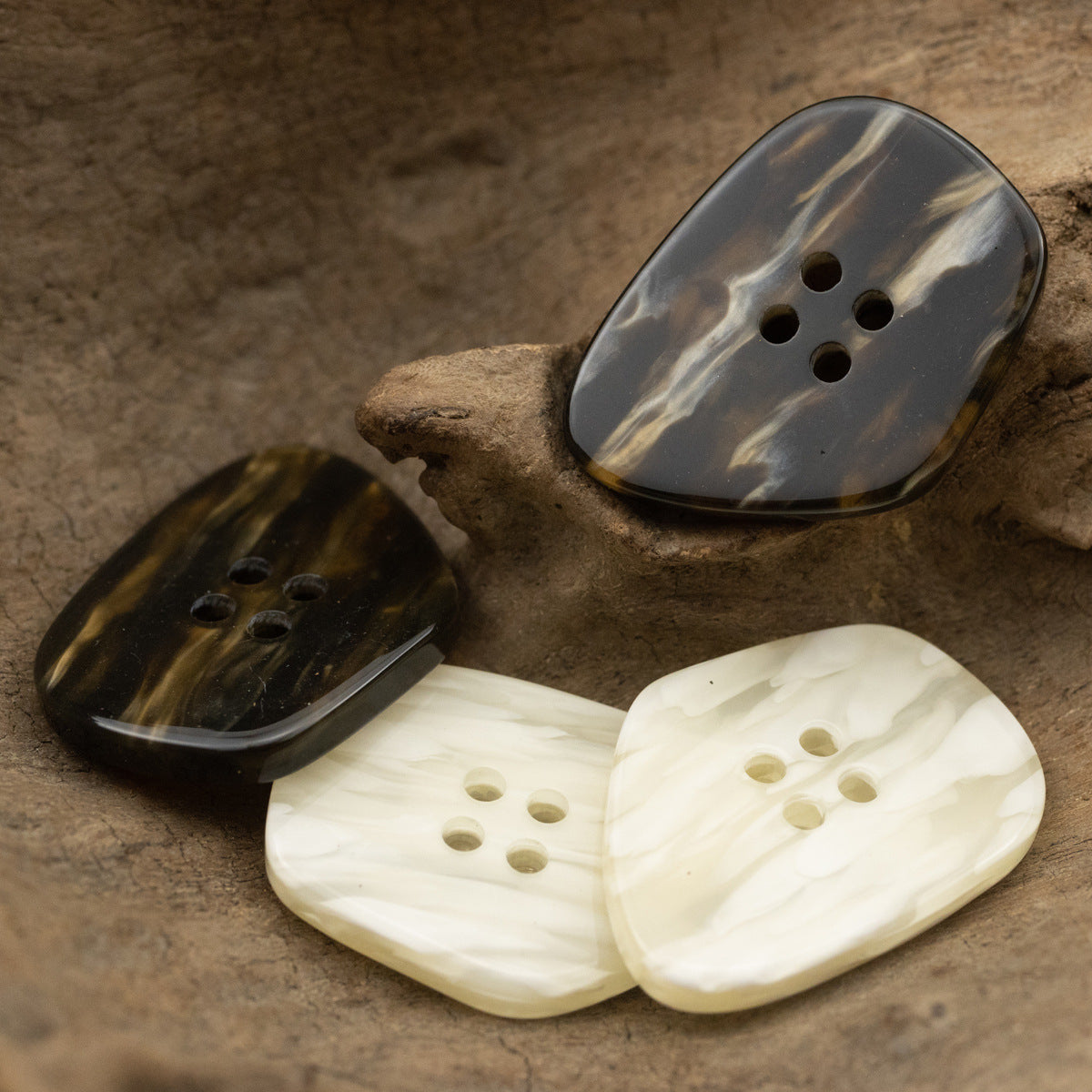 Coffee brown marble-look resin coat button, glossy polygon shape, 4 holes