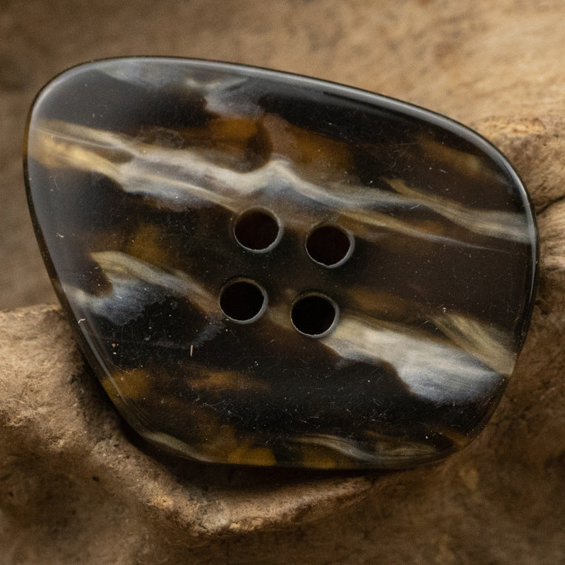 Dark marble-look resin coat button, glossy polygon shape, 4 holes
