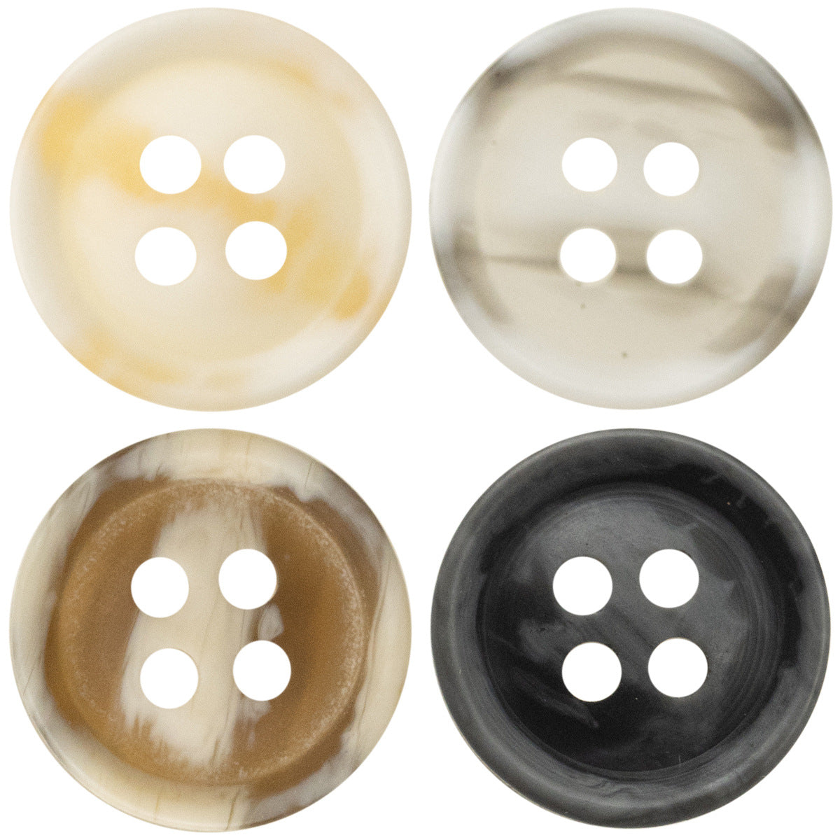 Resin buttons 10/11.5 mm, 4-hole, mix of cream, tan, and gray colors (set of 4 shown).