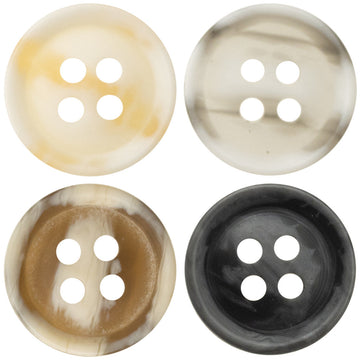 Resin buttons 10/11.5 mm, 4-hole, mix of cream, tan, and gray colors (set of 4 shown).