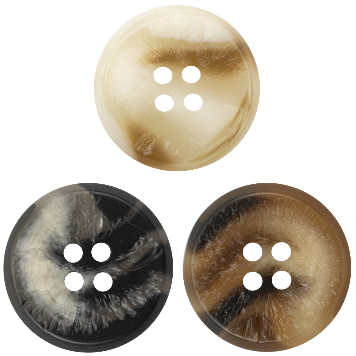 Uneven-surface resin buttons, cream and brown tones, 4-hole, assorted black/white/brown, 30-pack