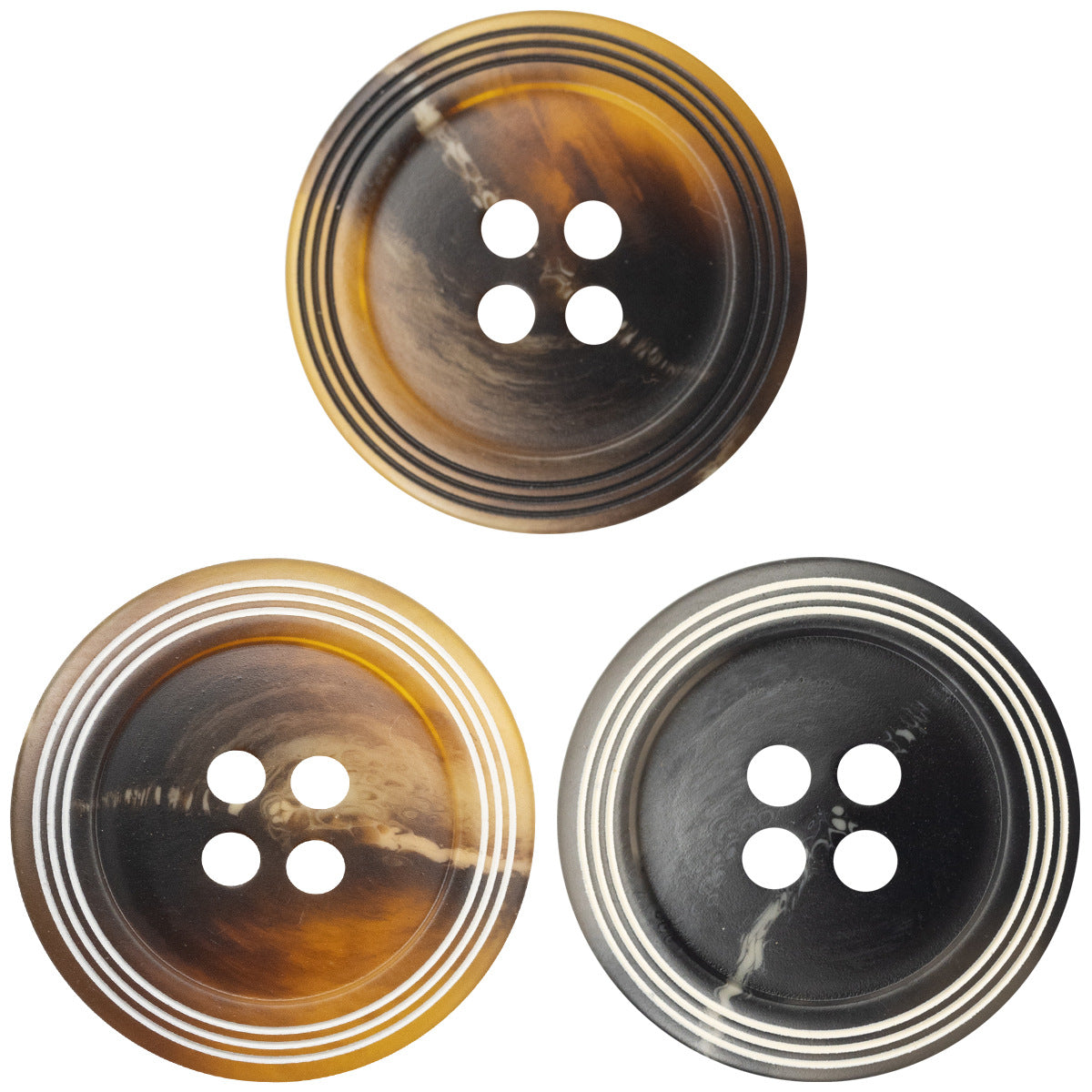 Matte resin buttons, thin 4-hole, black with white ring stripes (set of 3)
