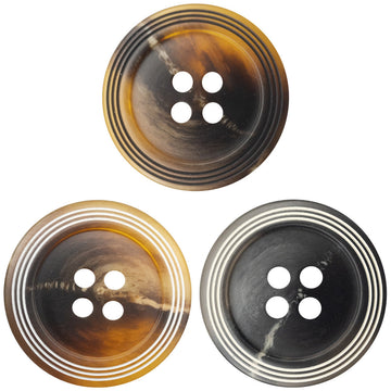 Matte resin buttons, thin 4-hole, black with white ring stripes (set of 3)