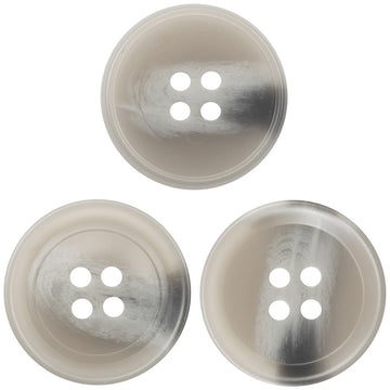 Light gray round resin button with four holes, front view.