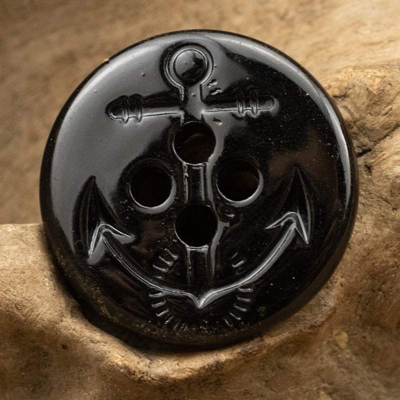 Glossy black anchor resin button, round 4-hole front