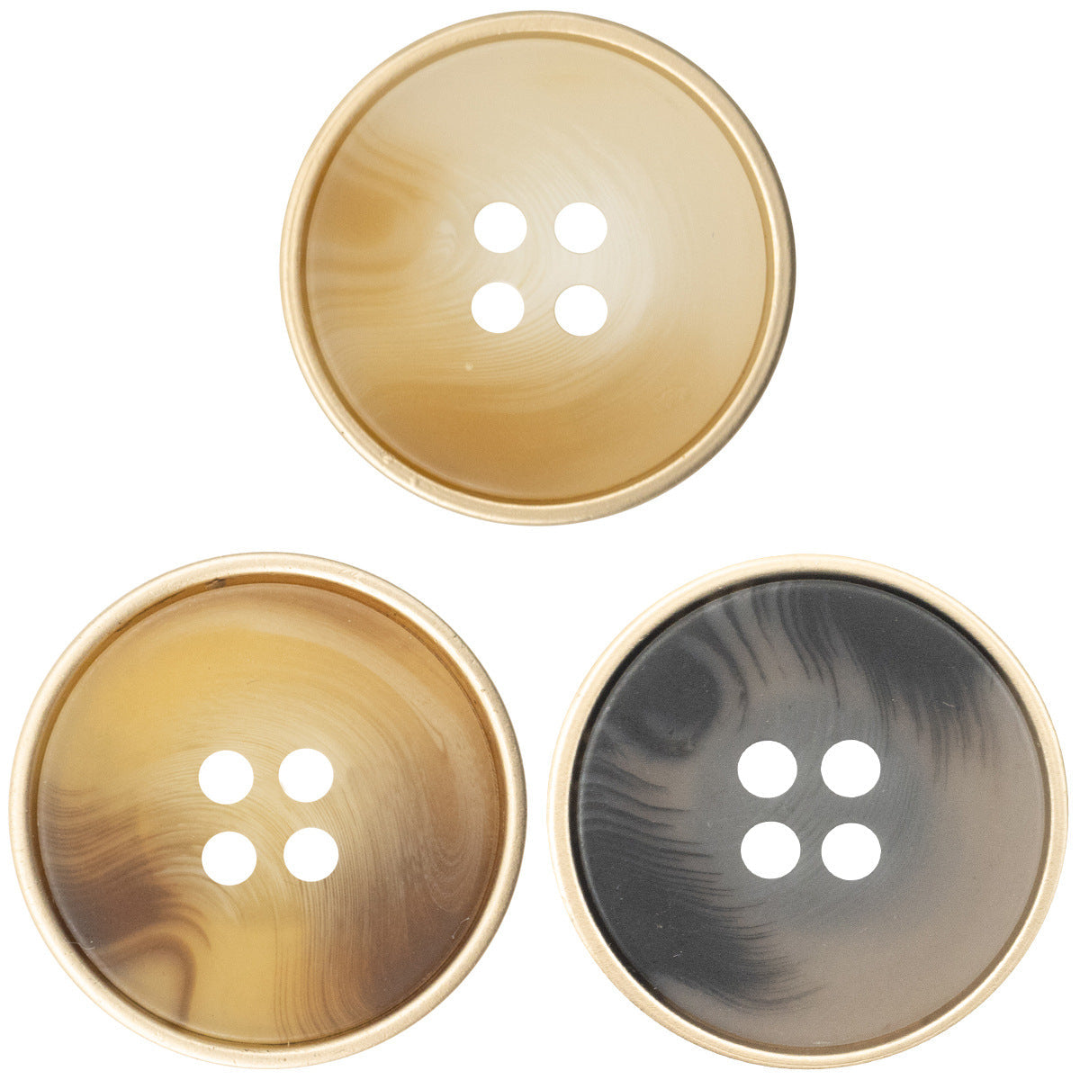 Resin coat buttons (khaki, coffee, gray) with metal rim, round 4-hole set