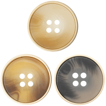 Resin coat buttons (khaki, coffee, gray) with metal rim, round 4-hole set