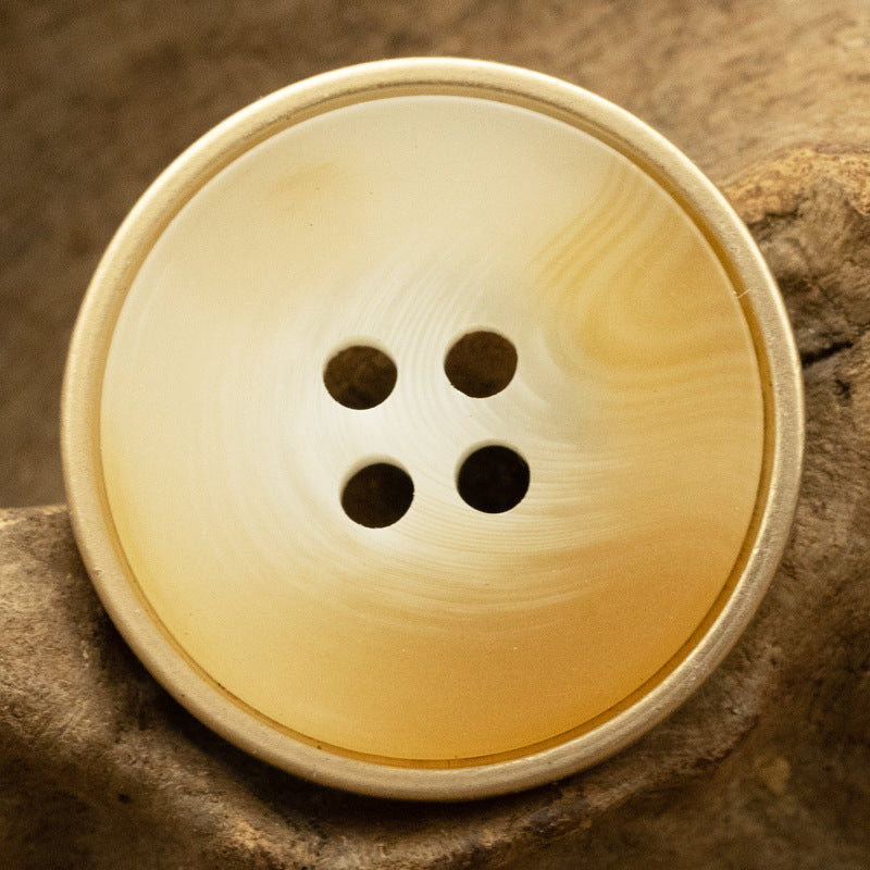 Khaki resin coat button with metal edge, round face, 4-hole
