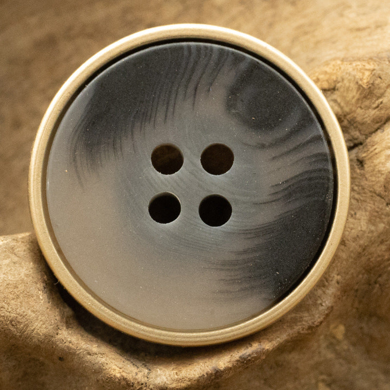 Gray resin coat button with metal edge, round face, 4-hole