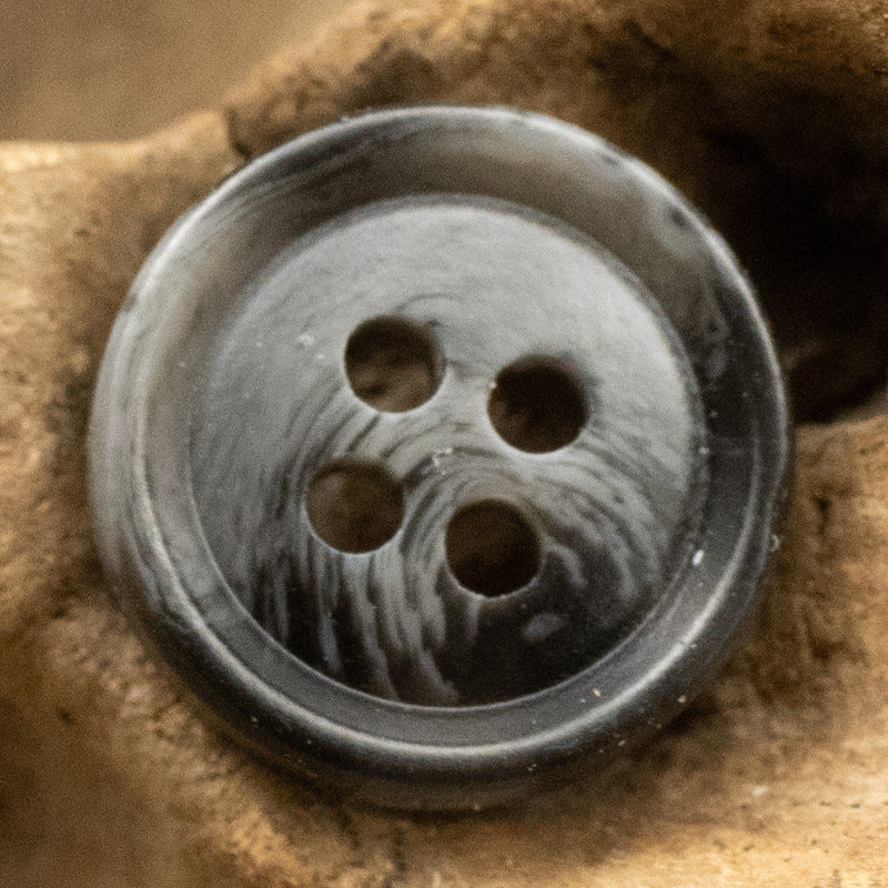 Dark gray resin round button with 4 holes, 11.5mm, glossy finish