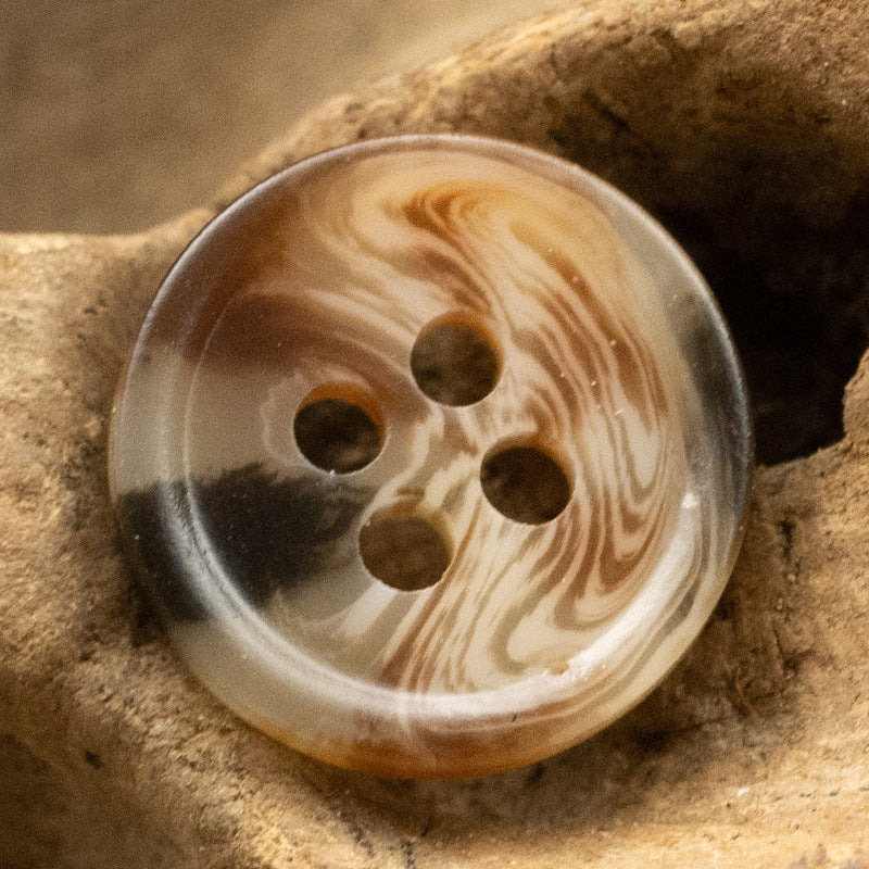 Beige and brown swirled resin round button with 4 holes, 11.5mm